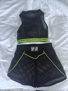 LF Black Mesh Crop Top & Shorts Set with Neon Lime Trim